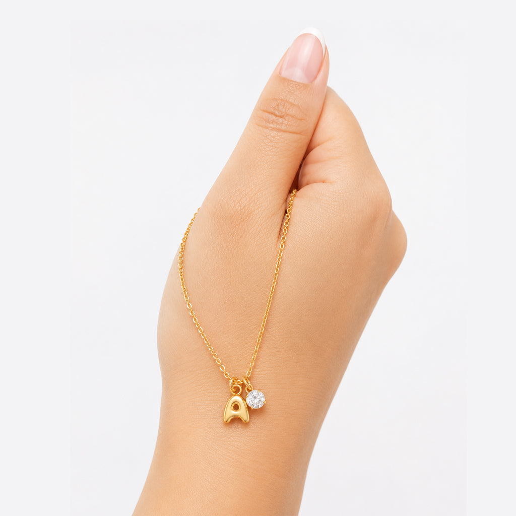Minimalist Gold Initial & Zircon Charm Necklace