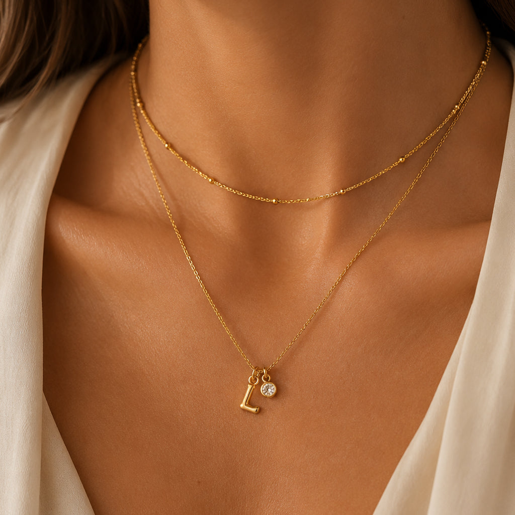 Minimalist Gold Initial & Zircon Charm Necklace