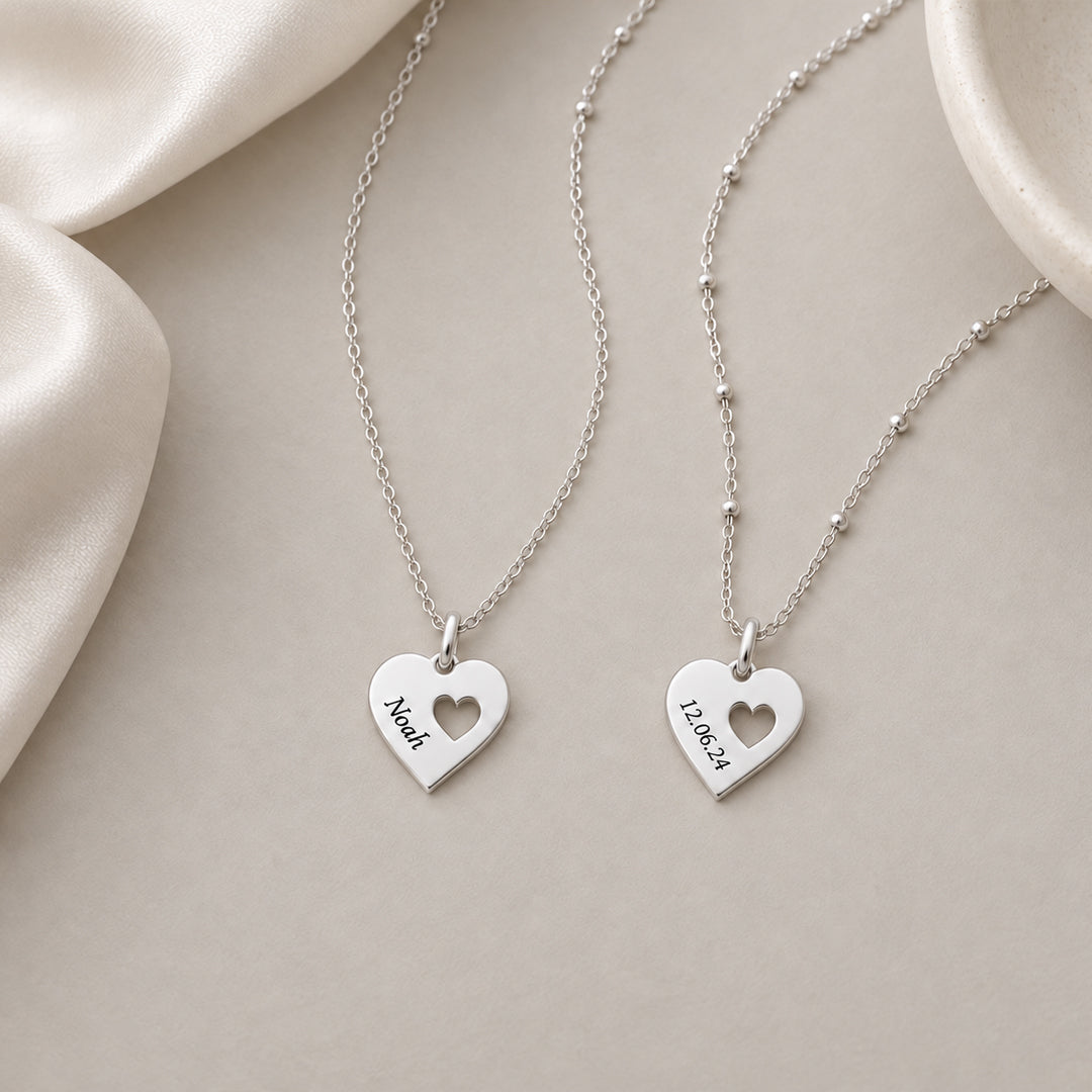 Custom Cutout Heart Charm Necklace (Silver)