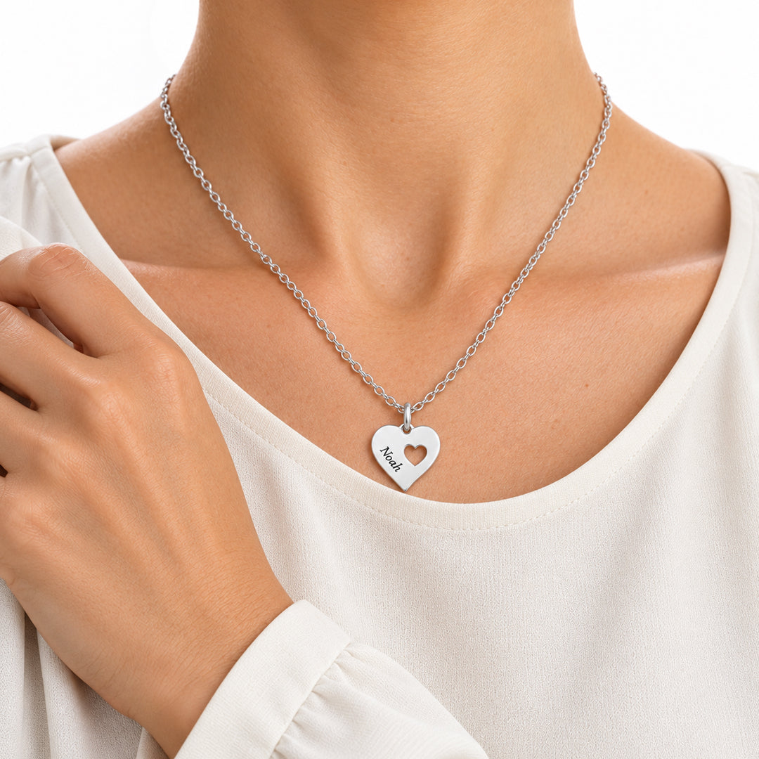 Custom Cutout Heart Charm Necklace (Silver)