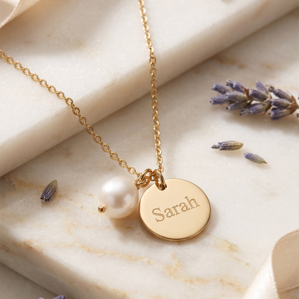 Engraved Pearl Disc Necklace