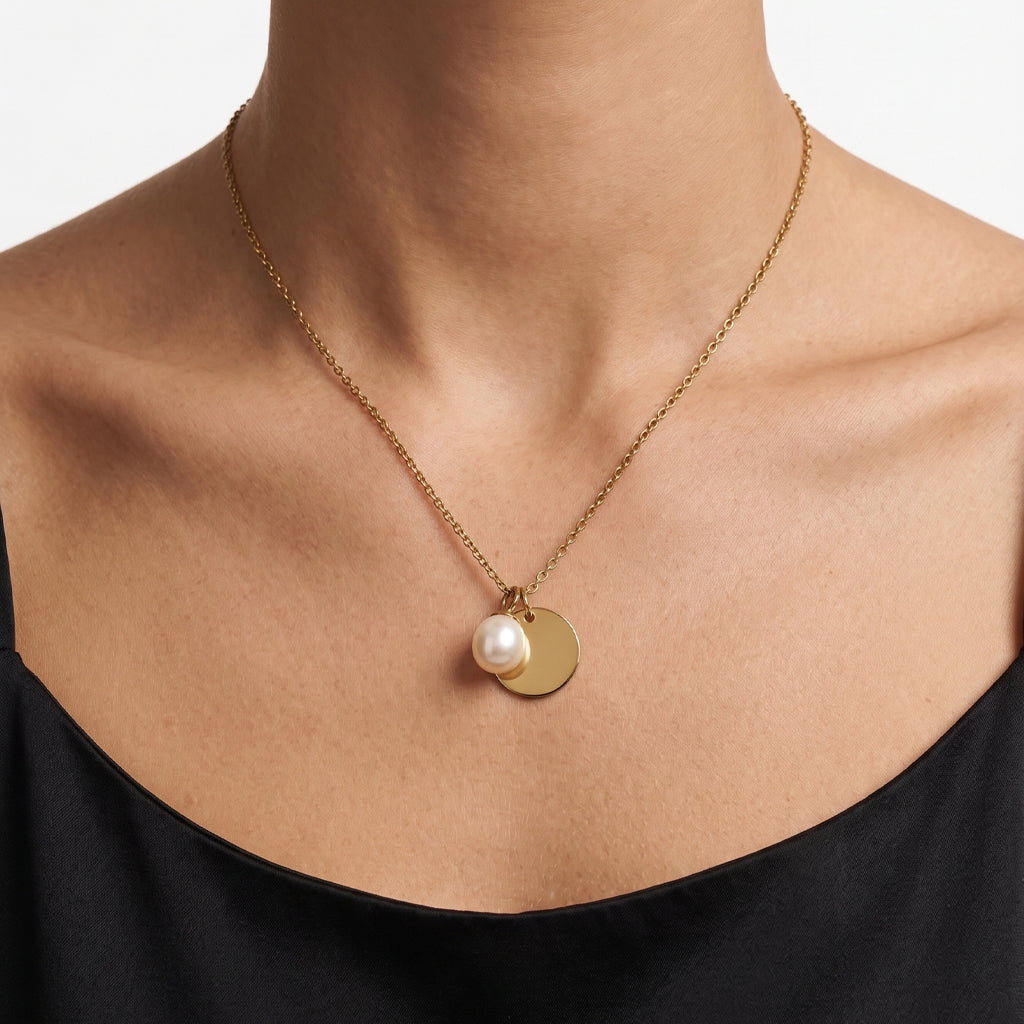 Engraved Pearl Disc Necklace